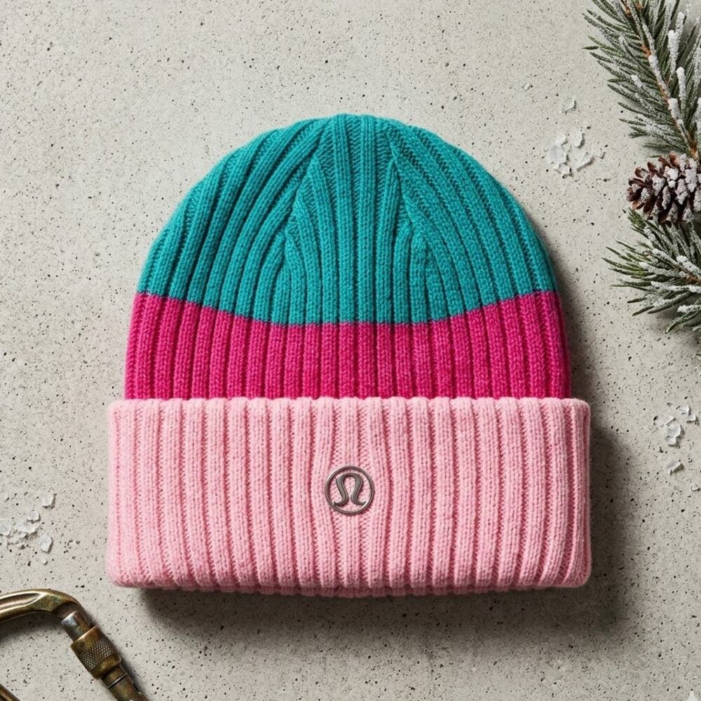 Lululemon Colorblock Knit Beanie Pink Teal Light Pink Cuffed Winter Hat